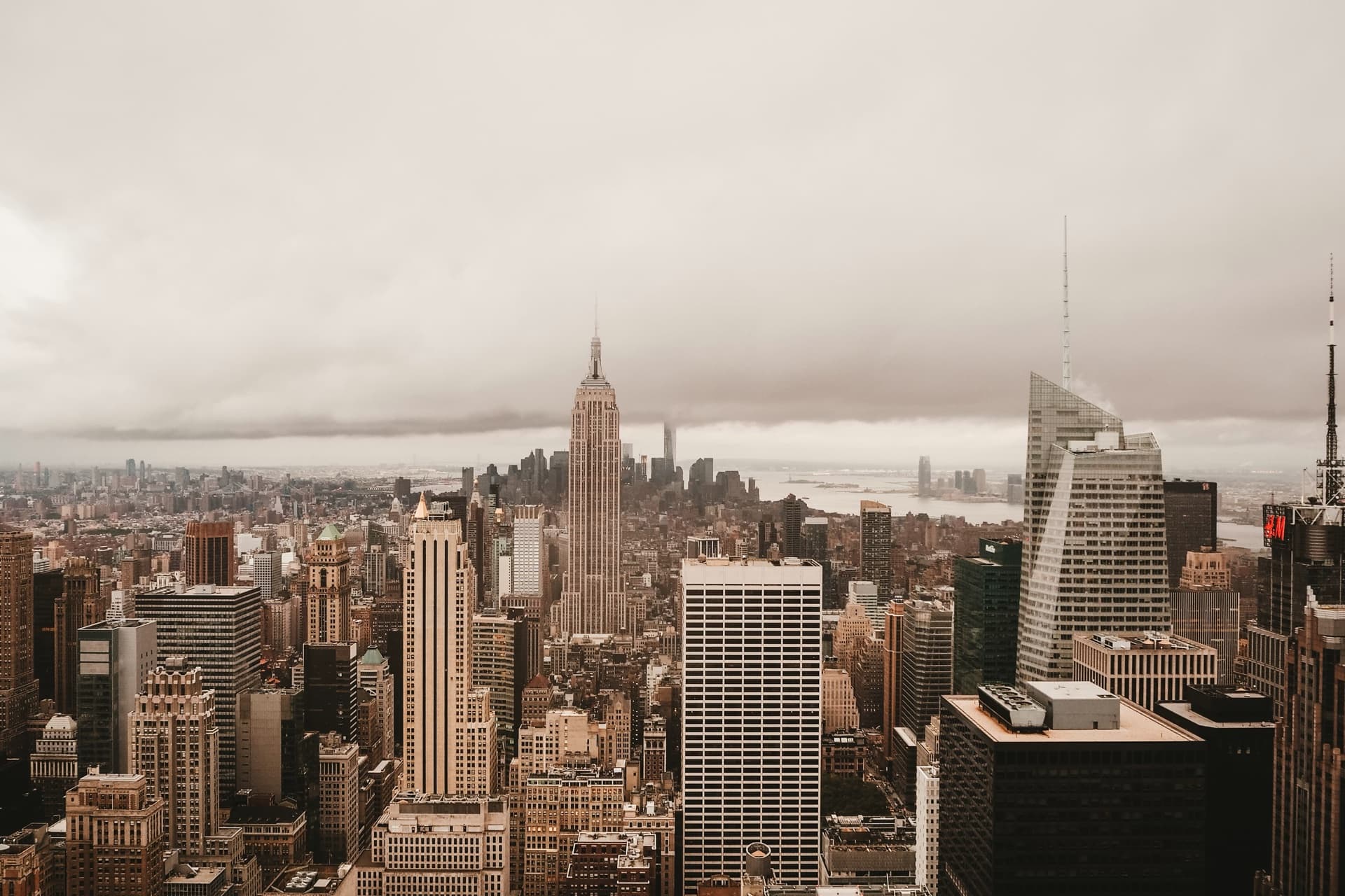 Aerial view of the New York City skyline at dusk with the Empire State Building